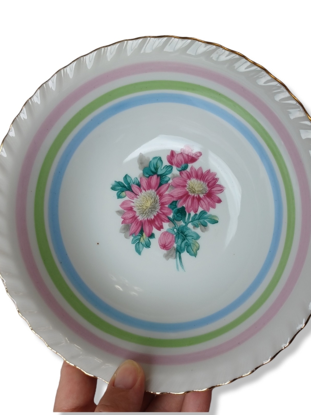 Vintage Small Serving Bowl Dish Dinnerware Servingware Pink Blue Green Gold Rim